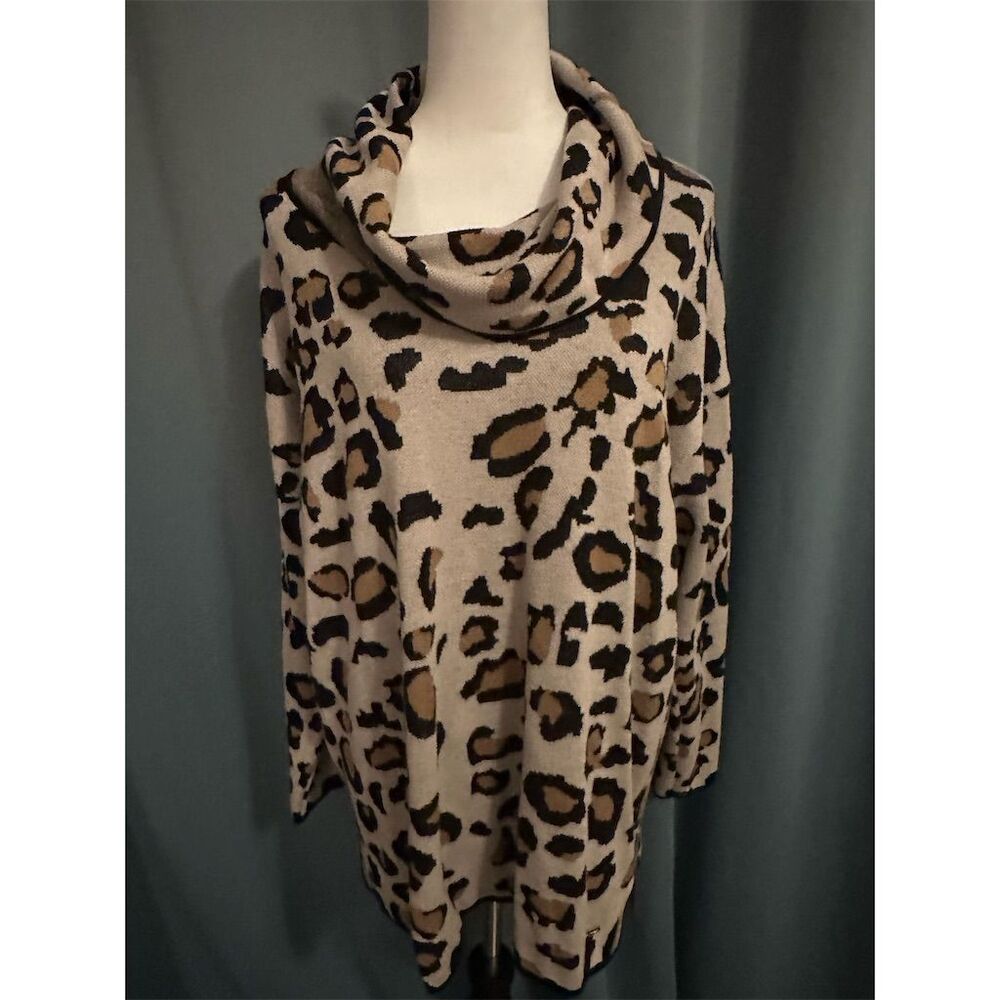 Calvin Klein Women's XL Leopard Print Cowl Neck Sweater Beige Pullover